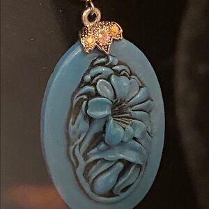 Blue Carved & Beaded Pendant Necklace